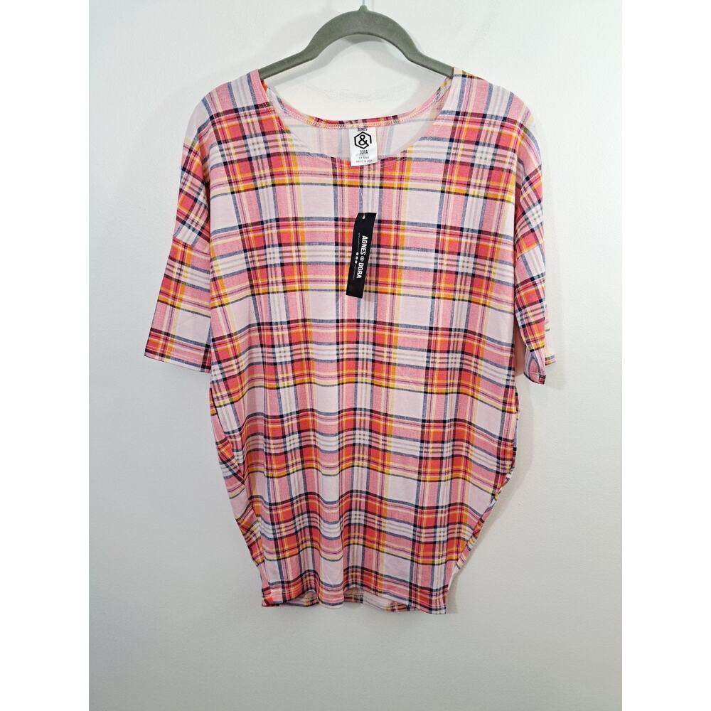 Agnes & Dora Dolman Tunic Pink Plaid XXS New! Fitted Sleeve Tapered